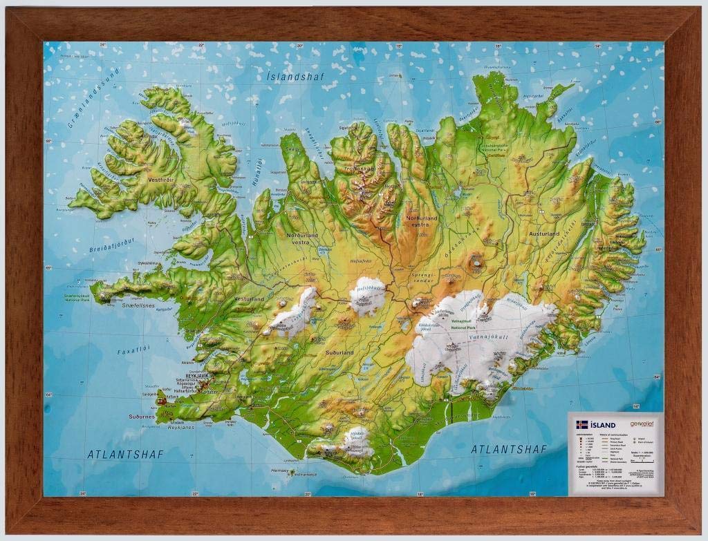 Relief Island klein 1:1.500.000 Holzrahmen: Tiefgezogenes Kunststoffrelief Leisure, Home & Garden