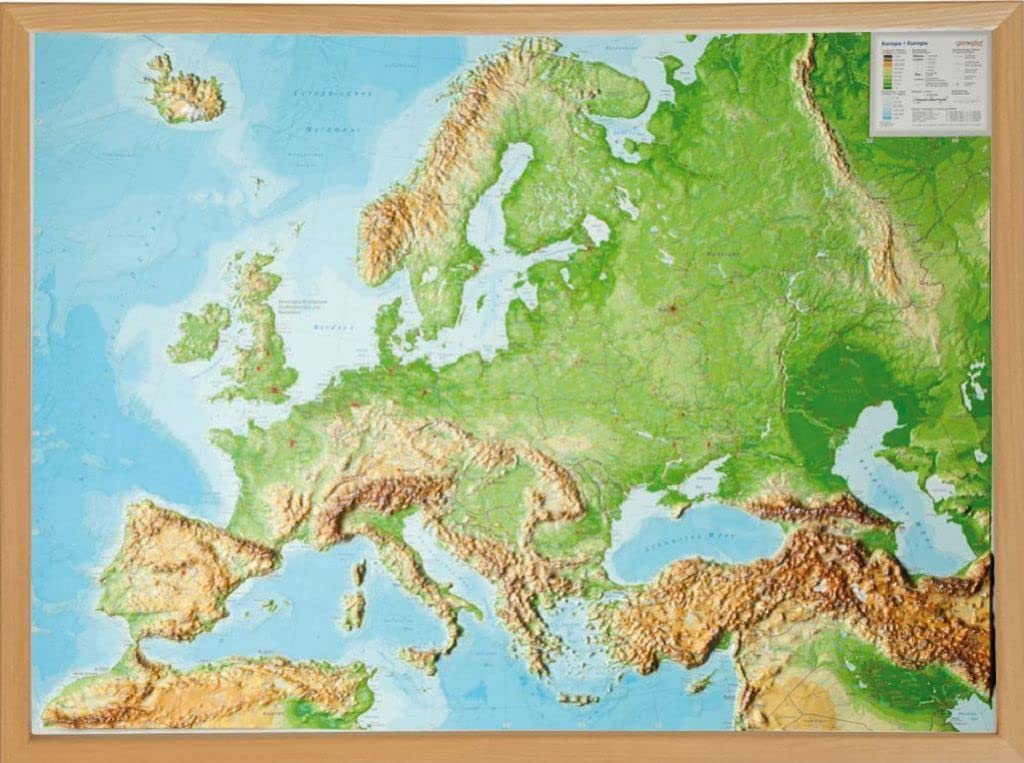 Europa, Reliefkarte 1:8.000.000 mit Naturholzrahmen: Tiefgezogenes Kunststoffrelief Leisure, Home & Garden