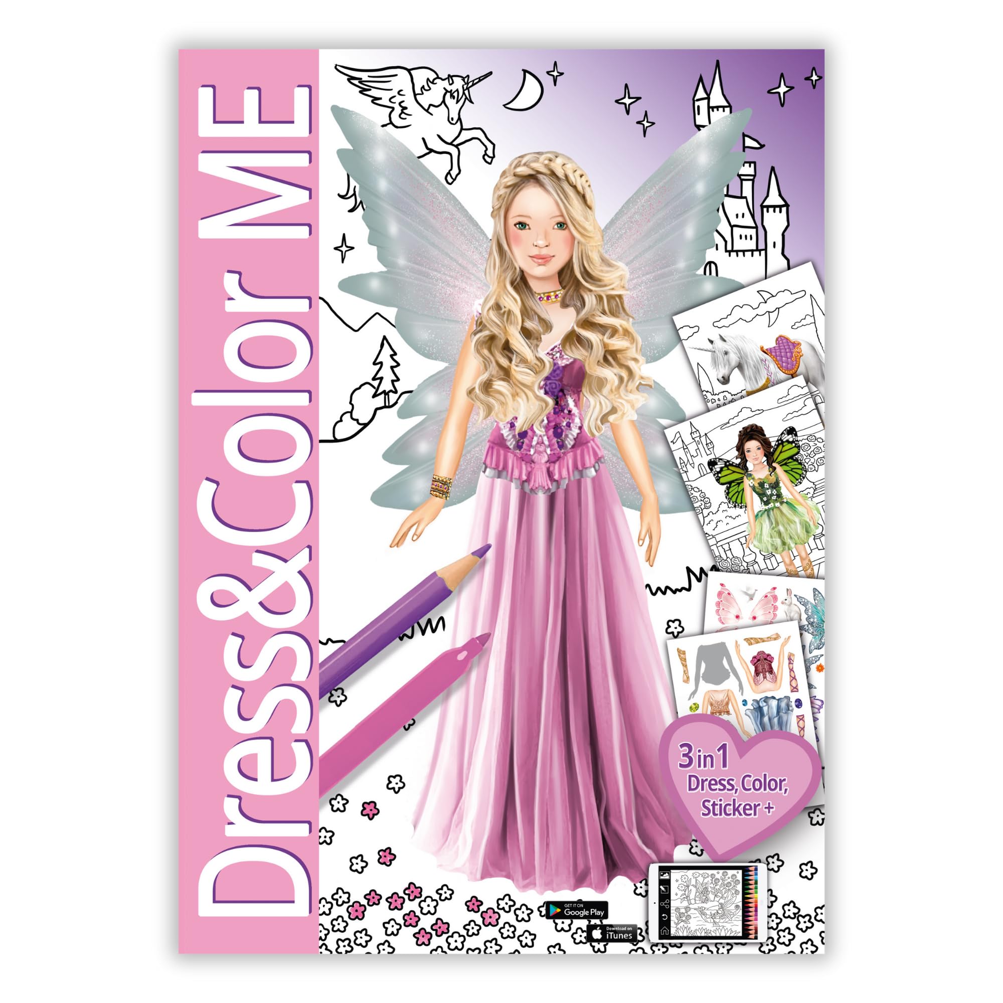 Elfen & Einhörner – Dress&Color ME | Mal- und Stickerbuch ab 4 Jahren | 24 Ausmalseiten DIN A4 mit Anziehpuppen + 6 Stickerbögen mit Outfits & Accessoires | 3 in 1: Malen, Stickern & Gratis-App Tiptoi & Games