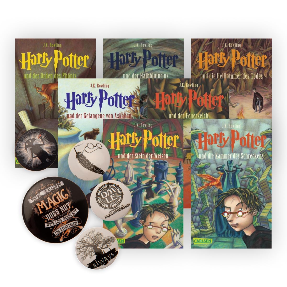 Harry Potter: Band 1-7 im Taschenbuchformat + 1 original Harry Potter Button Badge Pack Fantasy & Sci-Fi