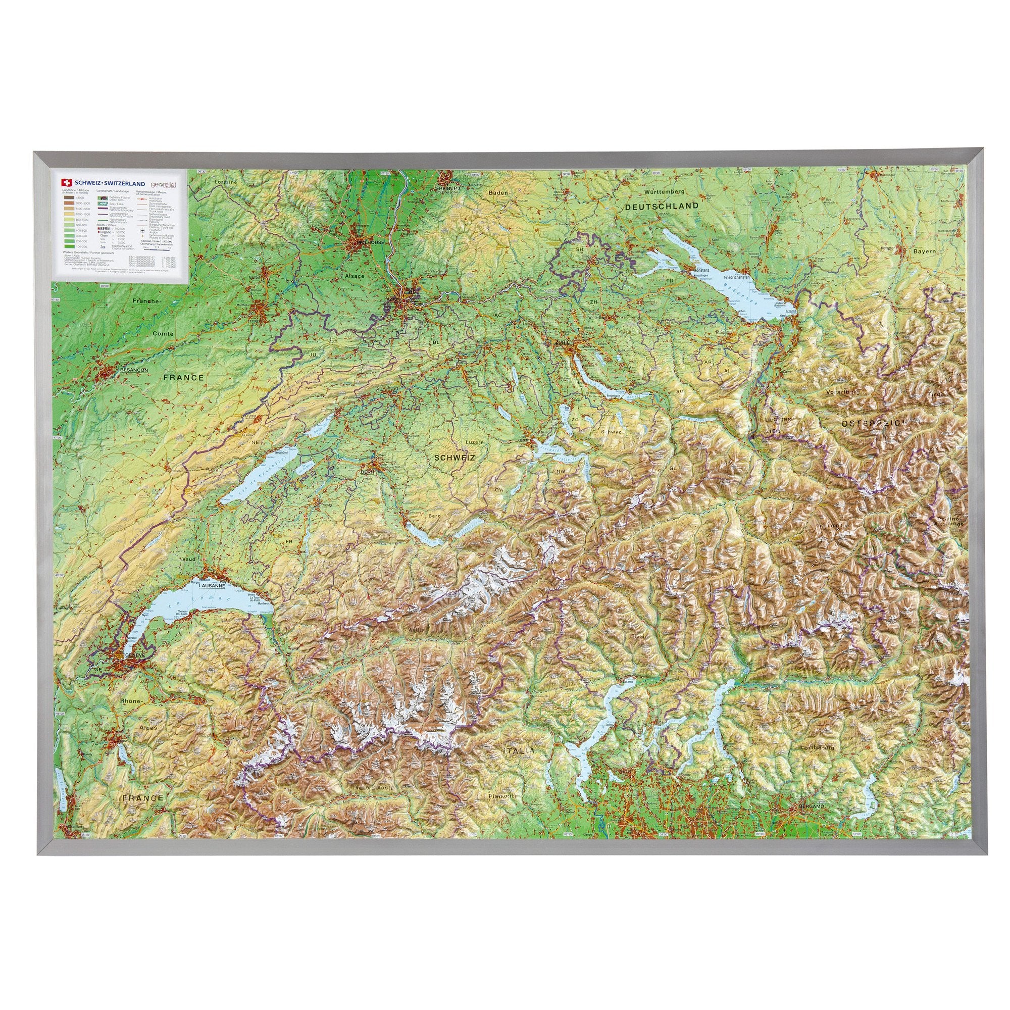 Relief Schweiz 1:500.000 mit Aluminiumrahmen: Tiefgezogenes Kunststoffrelief Maps & Plans