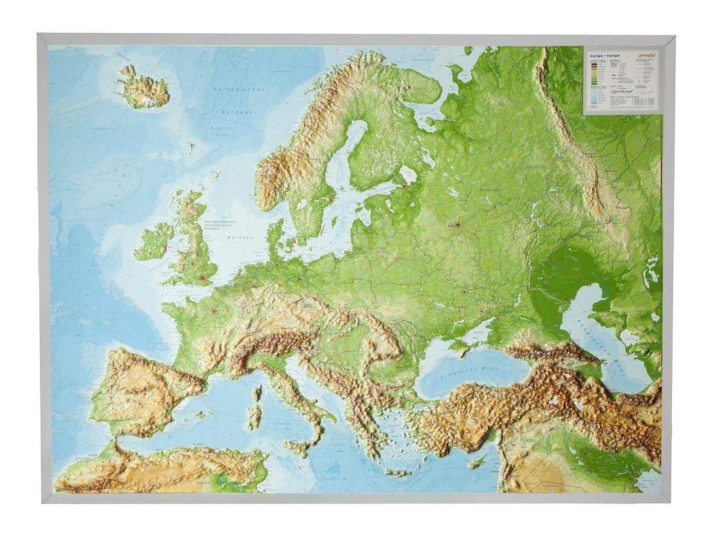 Reliefkarte Europa Gross 1 : 8.000.000 mit Aluminium Rahmen Maps & Plans