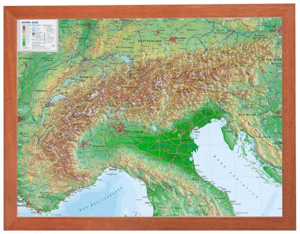 Alpen klein mit Rahmen 1:2.4MIO: Reliefkarte Alpenbogen klein mit Holzrahmen: Tiefgezogenes Kunststoffrelief Stationery