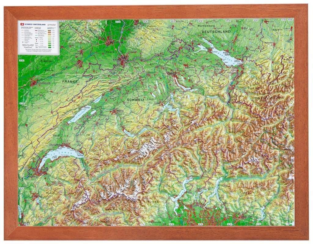 Schweiz 1:1.0 MIO mit Rahmen: Reliefkarte Schweiz klein mit Holzrahmen: Tiefgezogenes Kunststoffrelief Maps & Plans