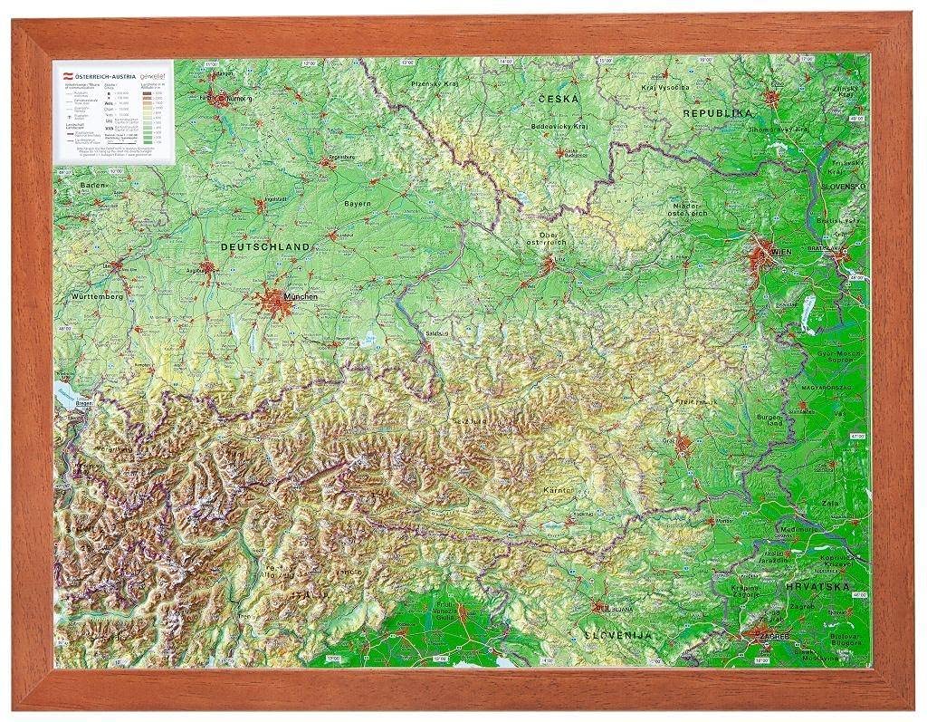 Österreich 1:1.6MIO mit Rahmen: Reliefkarte Österreich klein mit Holzrahmen: Tiefgezogenes Kunststoffrelief Leisure, Home & Garden