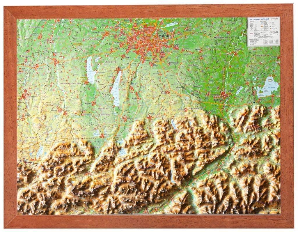 Relief Bayerisches Oberland mit Holzrahmen (1:400.000): Reliefkarte Bayerisches Oberland mit Holzrahmen: Tiefgezogenes Kunststoffrelief Maps & Plans