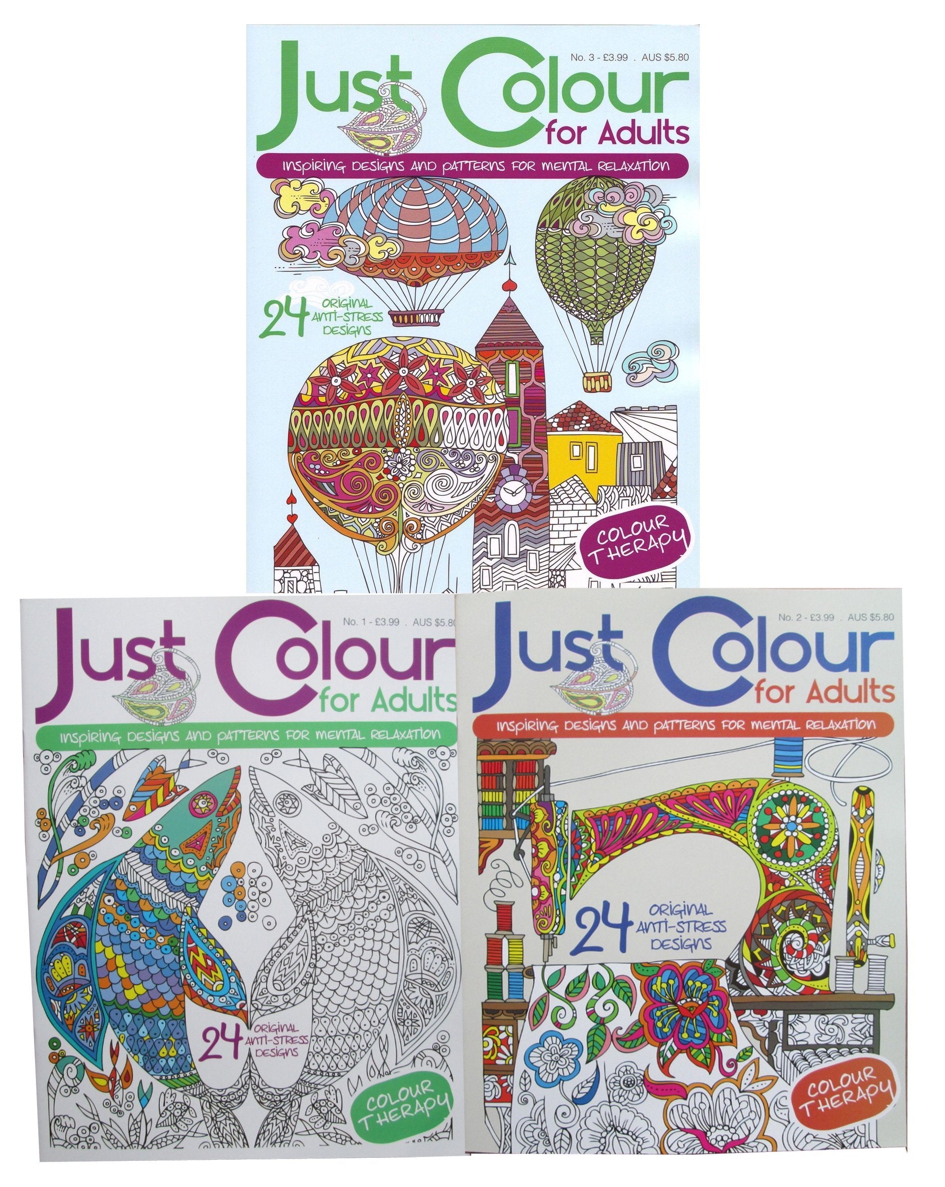 Just Colour Adult Colouring 3 Book Set Collection -(Mind Healing, Anti-Stress, colour therapy, Art Therapy, Relax with Art, Art of Mindfullness, Creative Art, Pattern Design) book