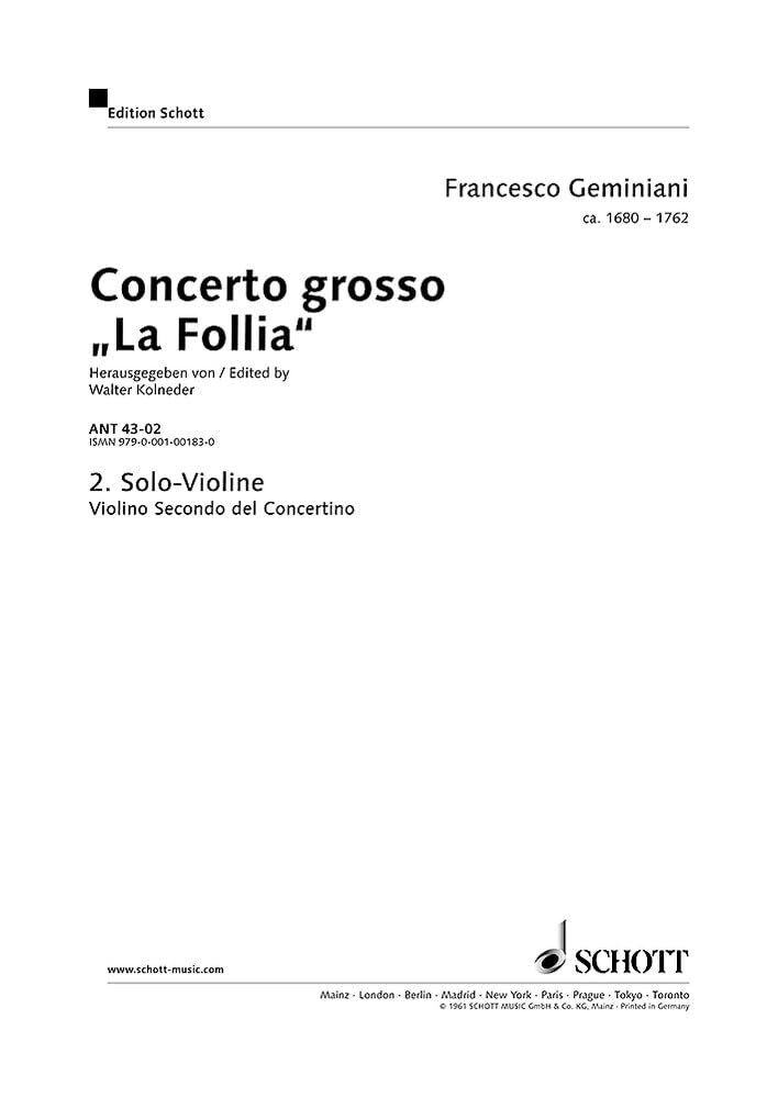 Concerto grosso: "La Follia" nach Corellis op. 5/12. 2 Solo-Violinen, Solo-Violoncello/Kontrabass, Streichorchester und Basso continuo. Solostimme. (Antiqua: Eine Sammlung alter Musik) Sheet Music