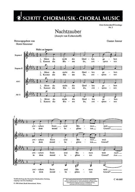 Drei Eichendorff-Gesänge: 2. Nachtzauber: "Hörst du nicht die Quellen gehen". Frauenchor (SSAA). Chorpartitur. (Schott Chormusik) Arts & Music