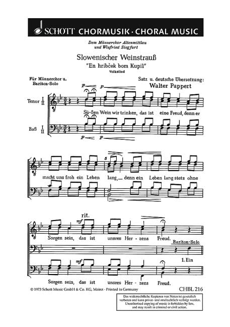 Slowenischer Weinstrauß: Volkslied "Süßen Wein wir trinken". men's choir (TTBB) and solo (Bar). Partition de chœur. Books