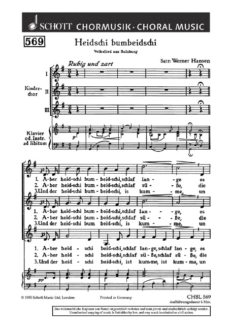 Heidschi bumbeidschi: "Aber heidschi bumbeidschi, schlaf lange". Frauen- oder Kinderchor (SMezA) mit Klavier oder Instrumenten ad lib.. Chorpartitur. (Schott's Chorblätter) Arts & Music