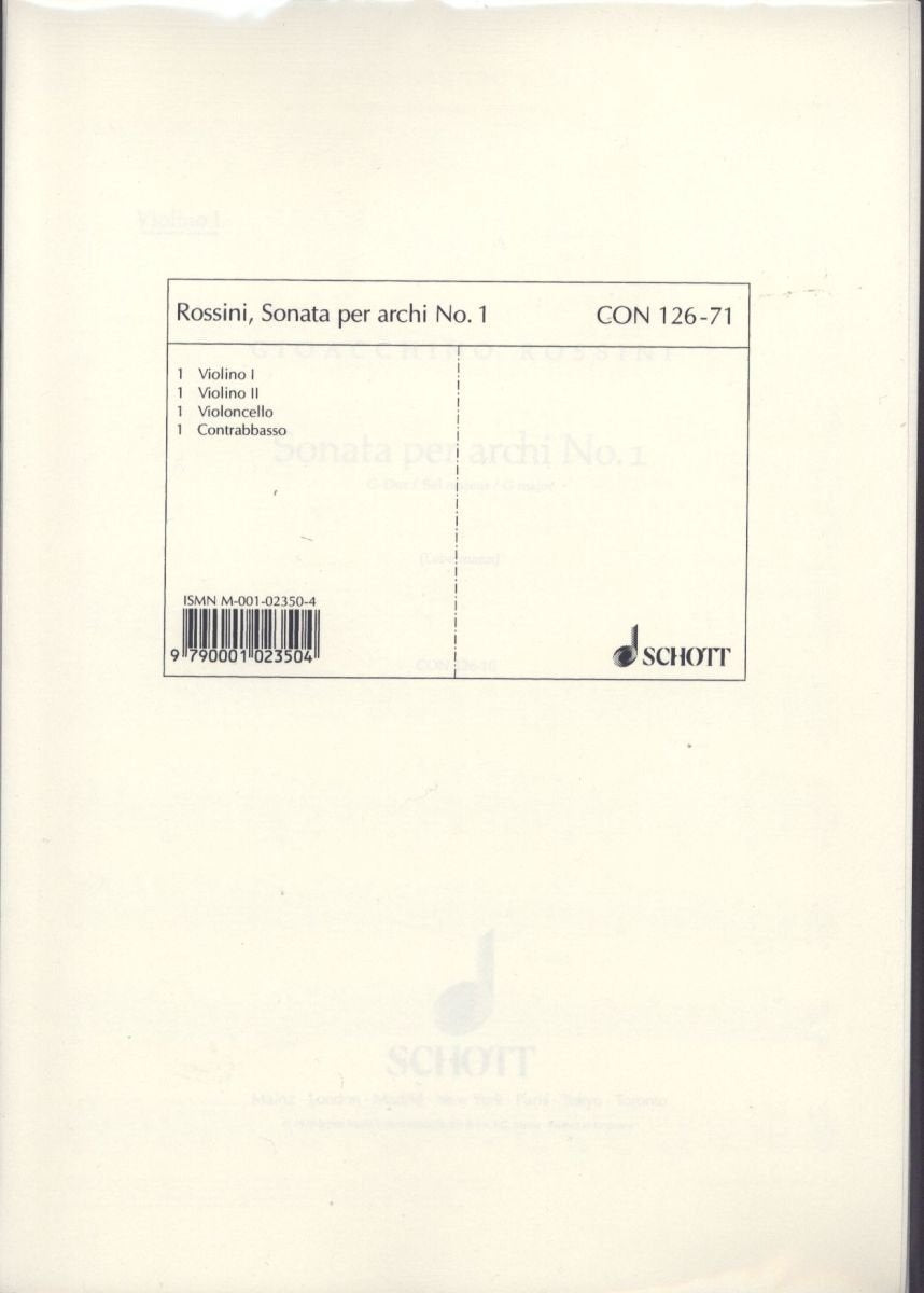 Sonata per archi: No. 1 G-Dur. 2 Violinen, Violoncello und Kontrabass (solistisch oder chorisch). Stimmensatz. (Concertino) Sheet Music