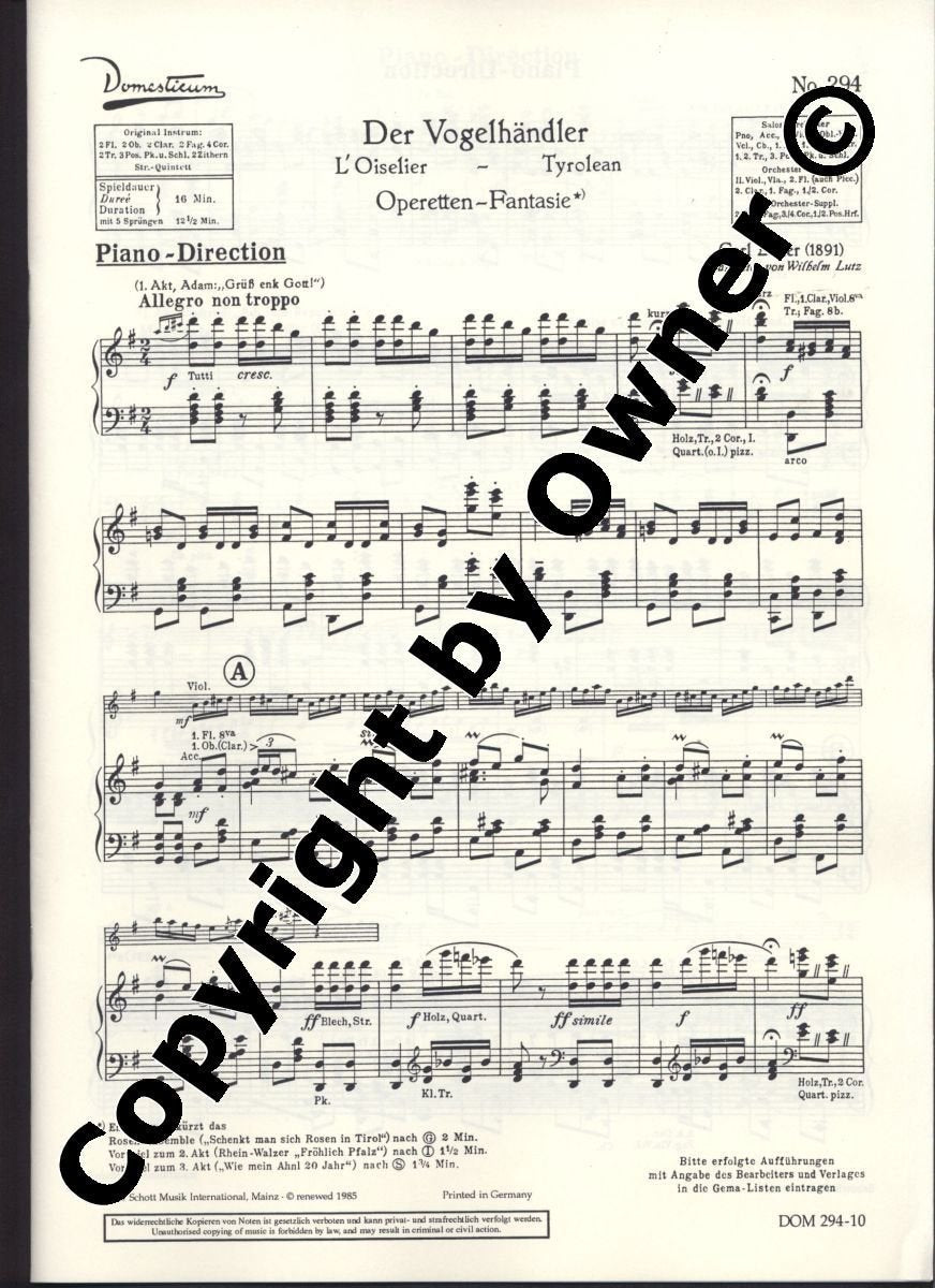 Der Vogelhändler: Operetten-Fantasie. Salonorchester. Klavierdirektion. (Domesticum) Sheet Music