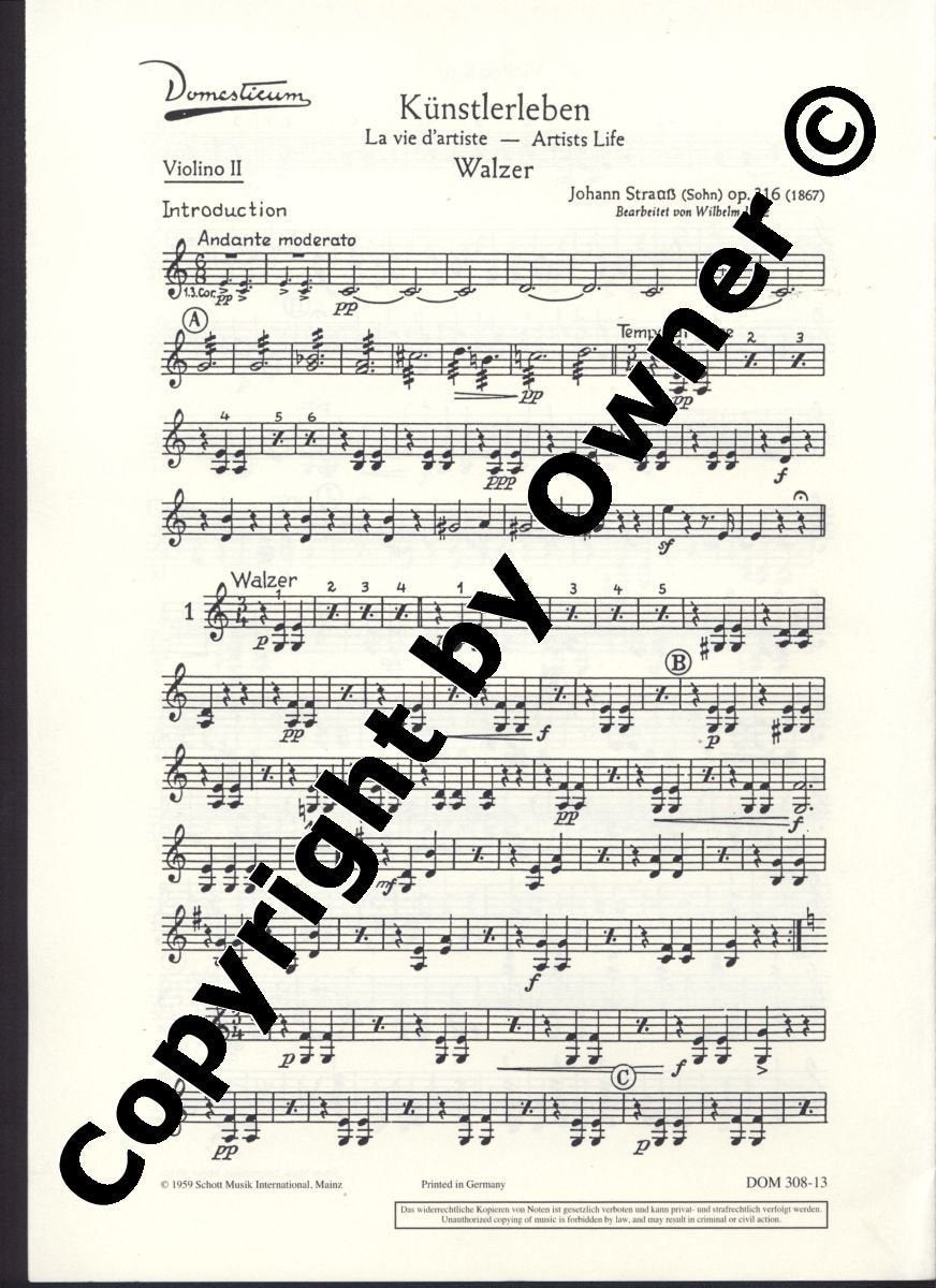 Künstlerleben: Walzer. op. 316. Salonorchester. Violine II. (Domesticum) Sheet Music