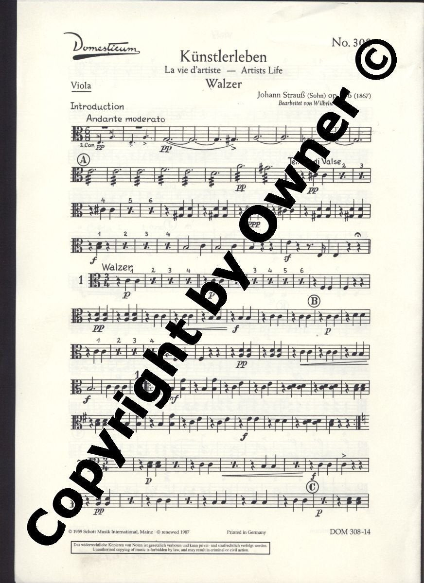 Künstlerleben: Walzer. op. 316. Salonorchester. Viola. (Domesticum) Sheet Music