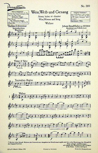 Wein, Weib und Gesang: Walzer. op. 333. Salonorchester. Violine I. (Domesticum) Sheet Music