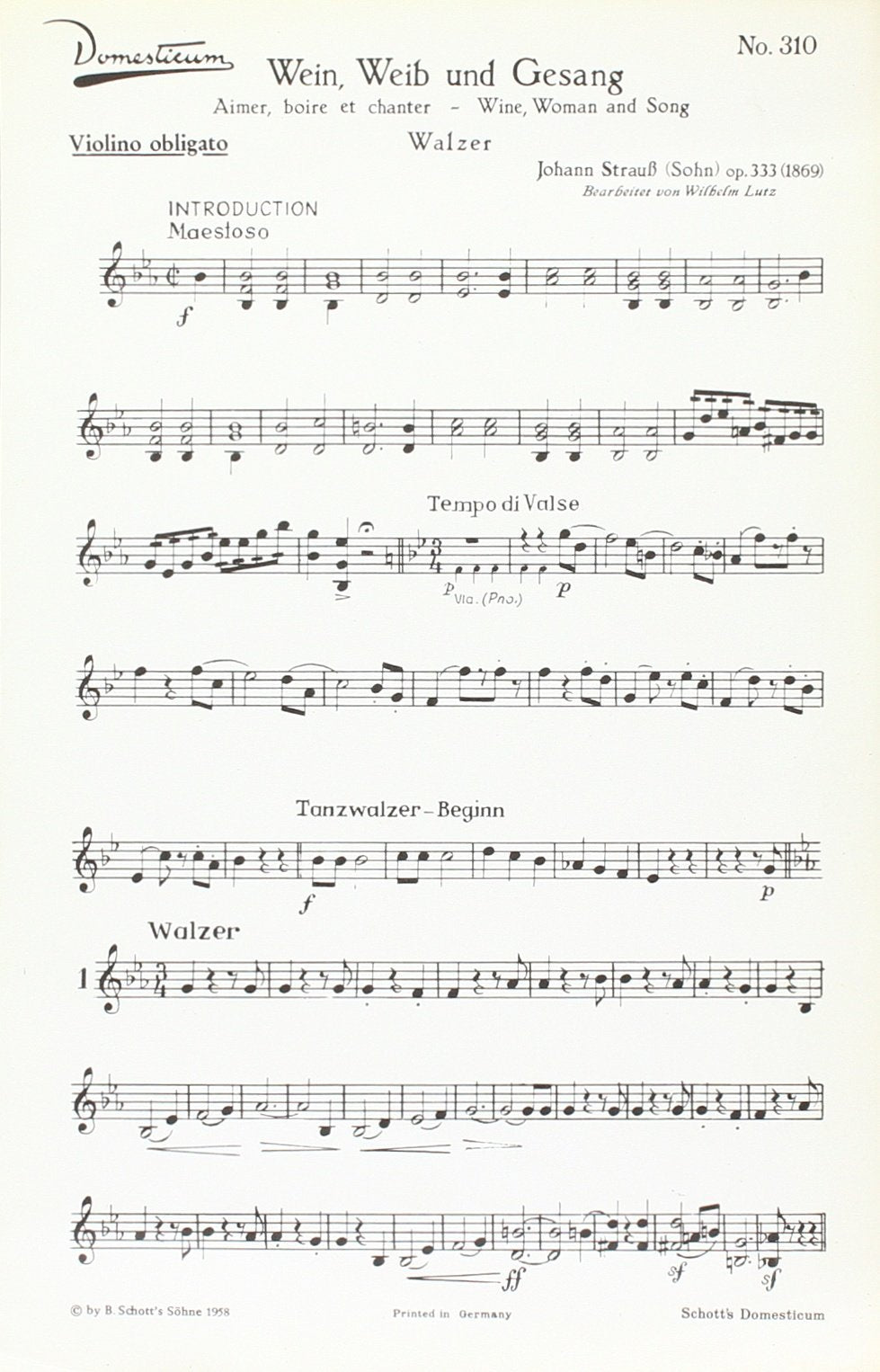 Wein, Weib und Gesang: Walzer. op. 333. Salonorchester. Violine obligat. (Domesticum) Sheet Music