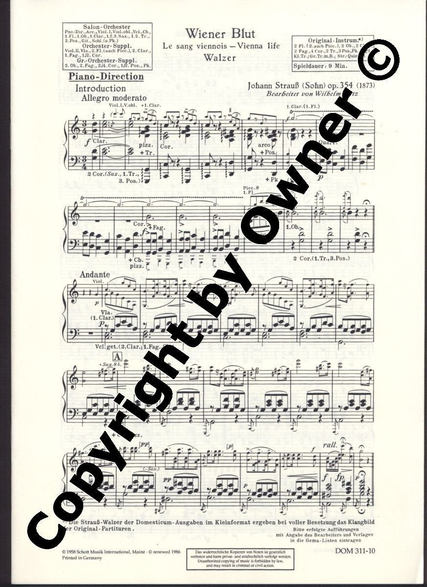 Wiener Blut: Walzer. op. 354. Salonorchester. Klavierdirektion. (Domesticum) Sheet Music