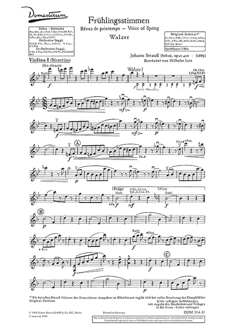 Frühlingsstimmen: Walzer. op. 410. Salonorchester. Violine I. (Domesticum) Sheet Music