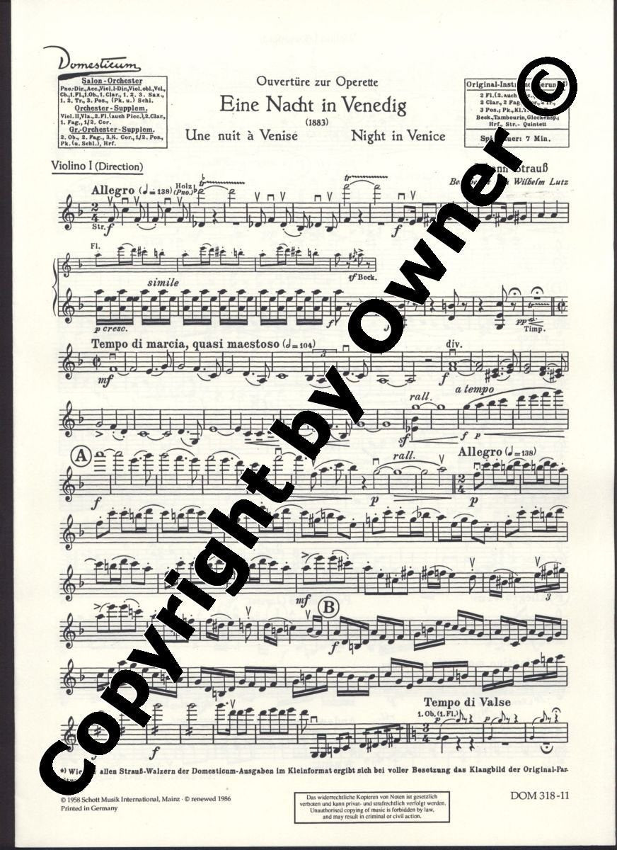 Eine Nacht in Venedig: Ouvertüre. Salonorchester. Violine I. (Domesticum) Sheet Music