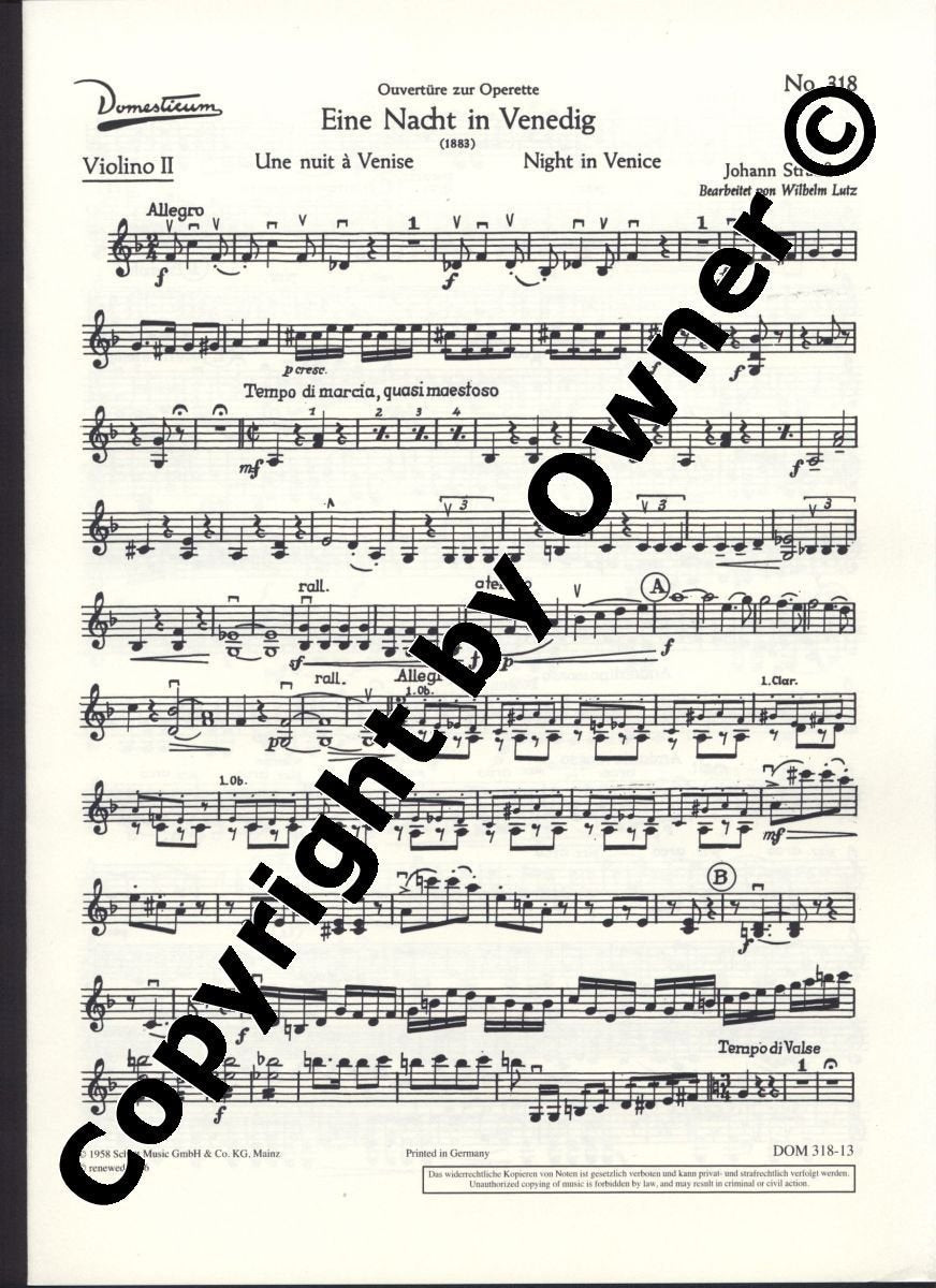Eine Nacht in Venedig: Ouvertüre. Salonorchester. Violine II. (Domesticum) Sheet Music