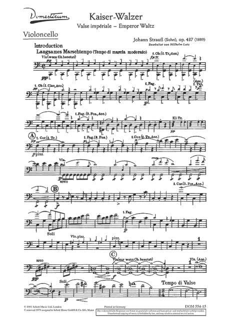 Kaiserwalzer: op. 437. Salonorchester. Violoncello. (Domesticum) Sheet Music
