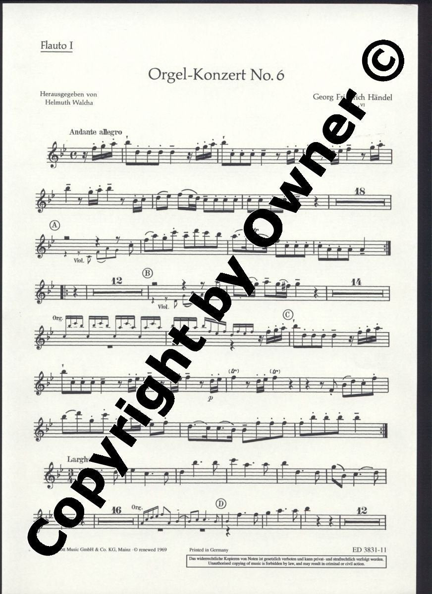 Orgel-Konzert Nr. 6 B-Dur: "Harfenkonzert". op. 4/6. HWV 294. Orgel (Harfe), 2 Flöten (Alt-Blockflöten) und Streicher. Flöte I. Sheet Music