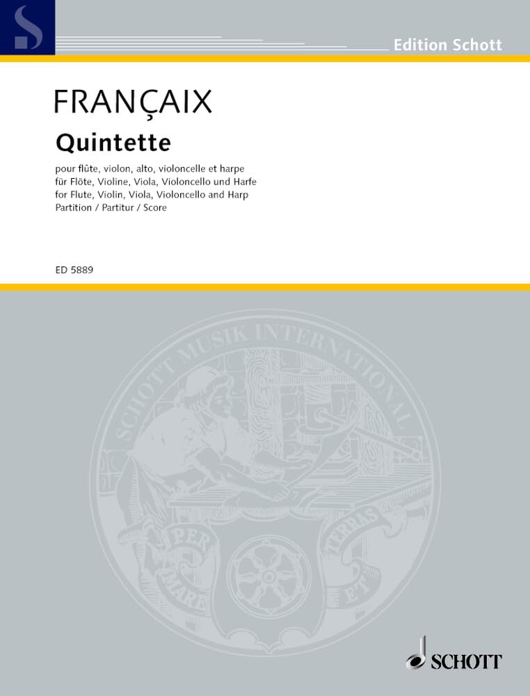 Quintett: für Flöte, Streichtrio und Harfe. Flöte, Violine, Viola, Violoncello und Harfe. Partitur. (Edition Schott) Sheet Music