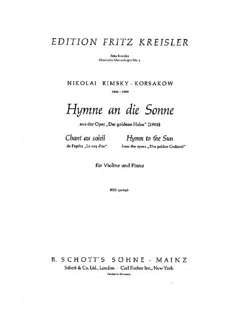 Hymne an die Sonne: aus "Der goldene Hahn". No. 3. violin and piano. Arts & Music