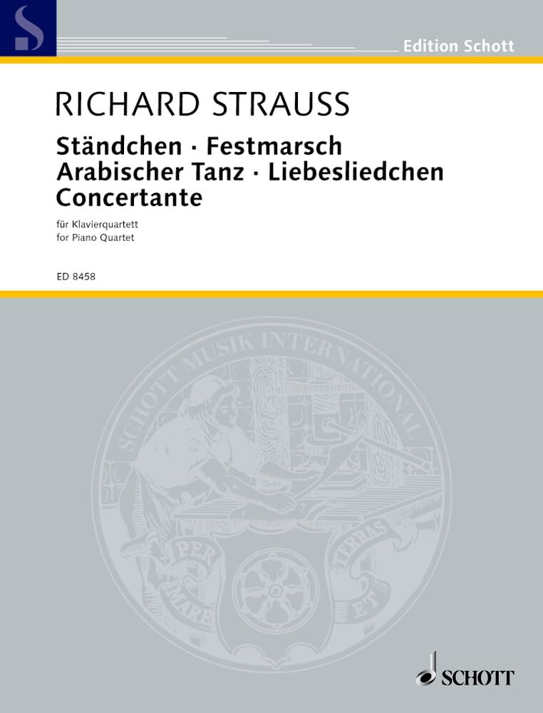 Ständchen · Festmarsch · Arabischer Tanz · Liebesliedchen · Concertante: für Klavierquartett. o. Op. AV. 168, 178, 182, 157. Klavierquartett (Violine, ... Partitur und Stimmen. (Edition Schott) Film, Art & Culture