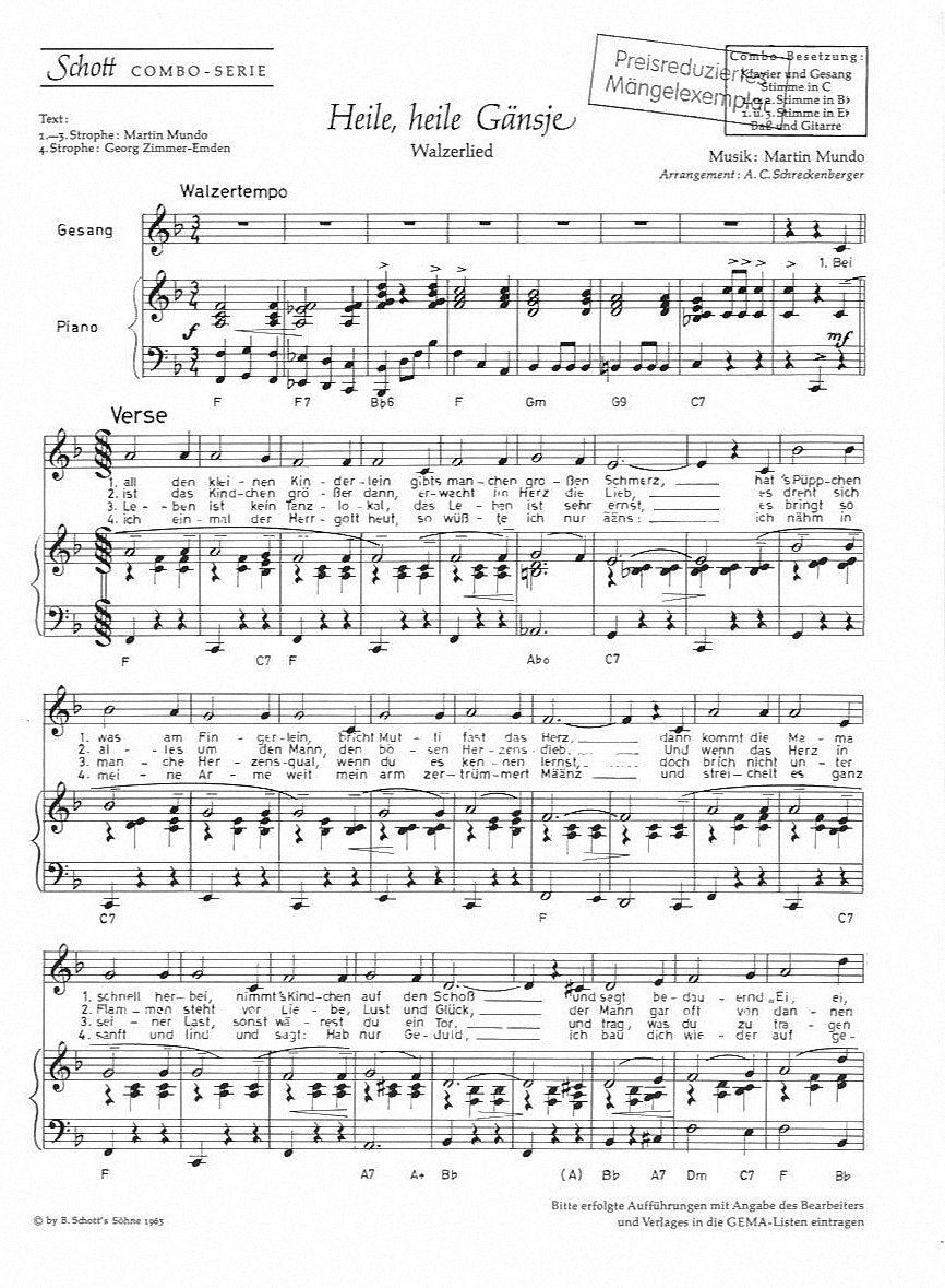 HEILE, HEILE, GANSJE/KOMM TRINK UND LACH AM RHEIN COMBO-PARTITION+PARTIES SEPAREES Sheet Music