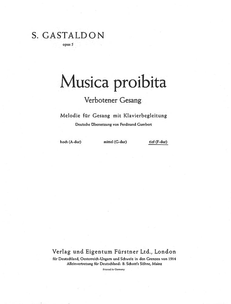 Verbotener Gesang: Musica proibita. op. 5. Alt oder Bass und Klavier. Sheet Music