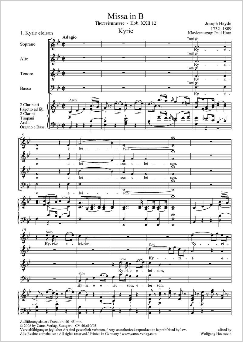 Missa in B (Klavierauszug): Theresienmesse Hob. XXII:12 Sheet Music