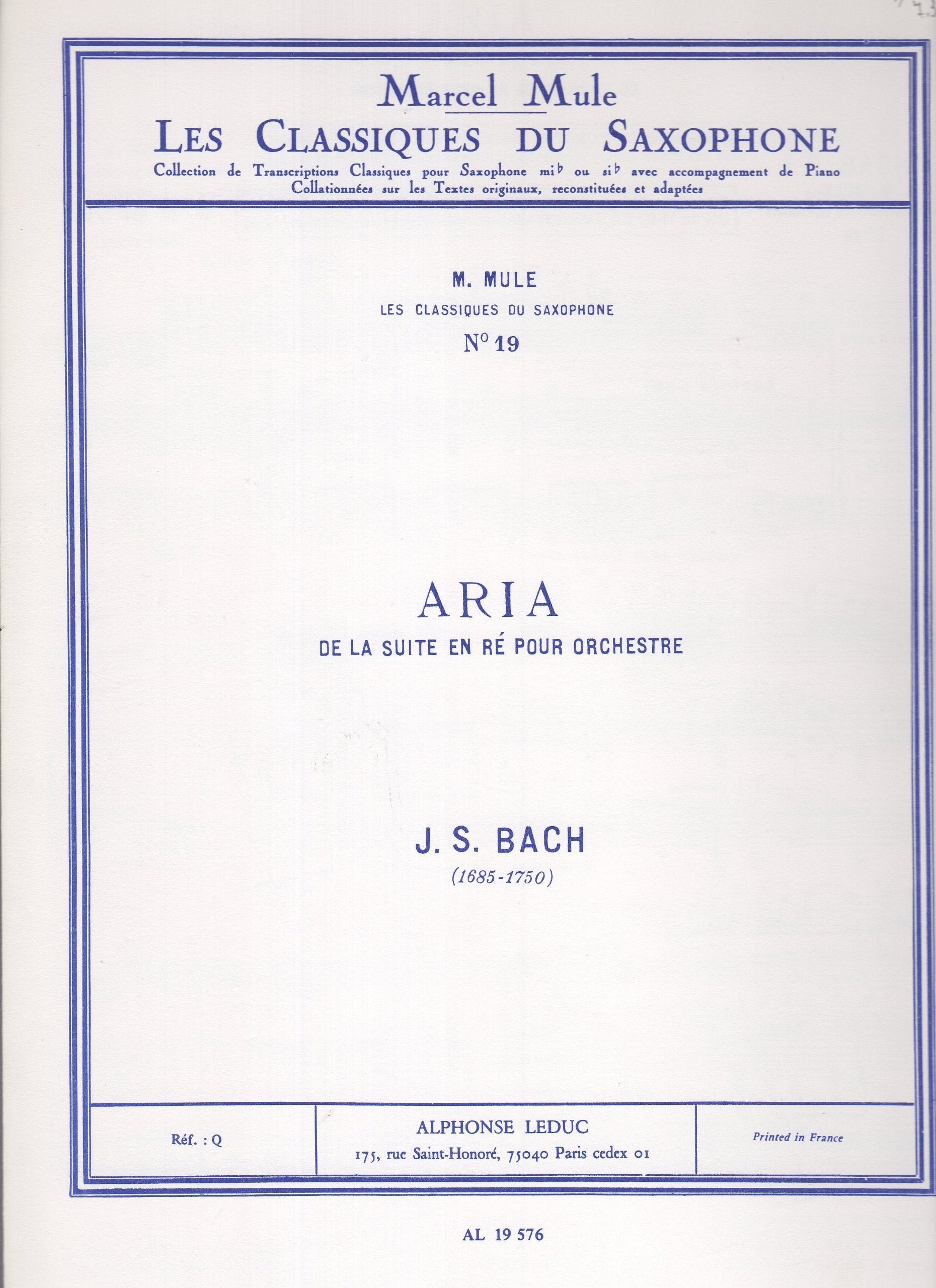 CLASSIQUE SAXOPHONE MIB N0019 SUITE EN RE:ARIA book