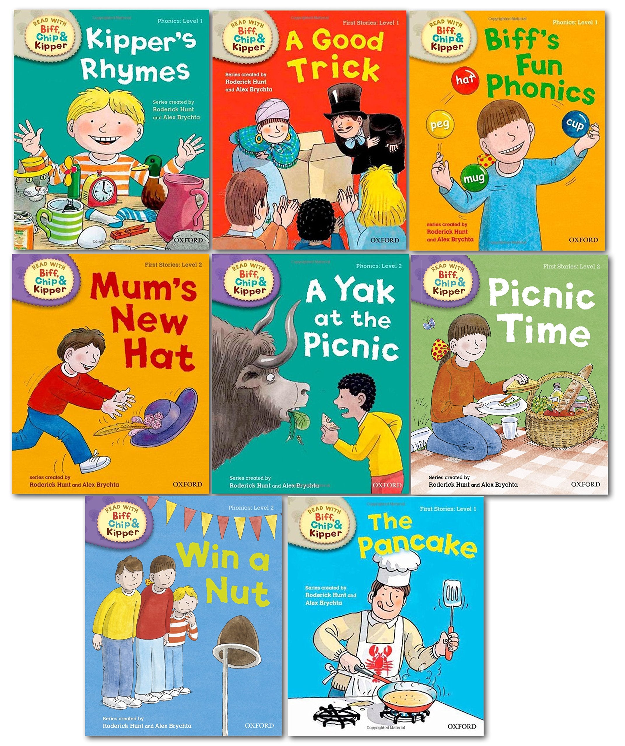Oxford Reading Tree Read With Biff Chip Kipper Phonics & First Stories Collection 8 Books Set Level 1 & 2 Kipper's Rhymes, Biff's Fun Phonics, A Good Trick, The Pancake, Win a Nut, A Yak at the Picnic, Mum's New Hat and Picnic Time... Books
