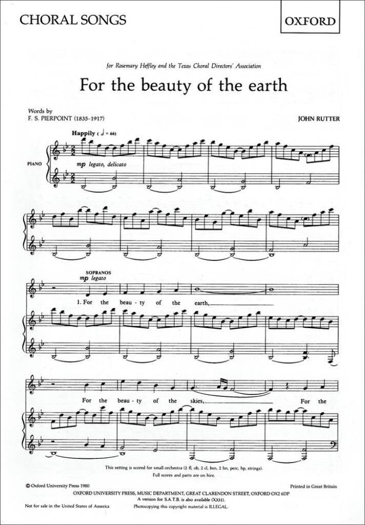 John rutter : for the beauty of the earth - chant piano book