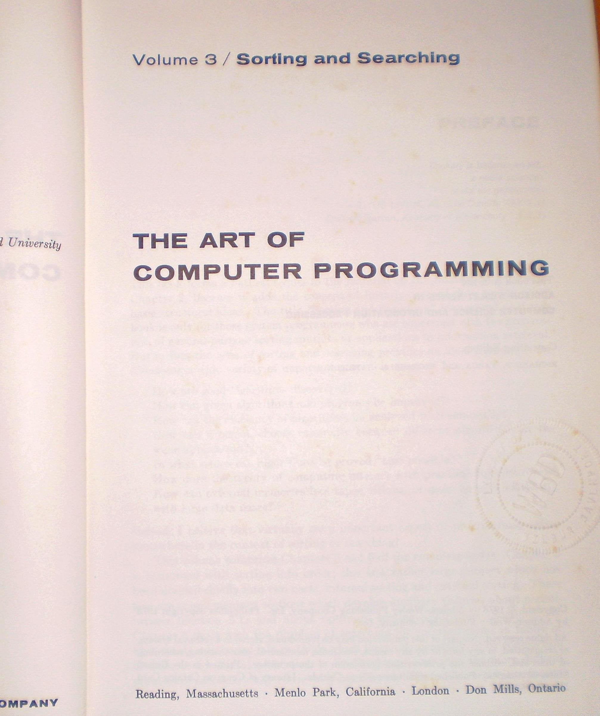 The Art of Computer Programming. Vol 3: Sorting and Searching. Books