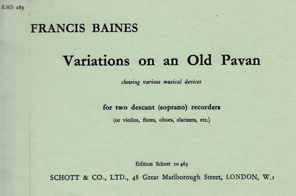 Variations on an old Pavan: showing various musical devices. 2 descant recorders (violins, flutes, oboes, clarinets). Partition d'exécution. Sheet Music