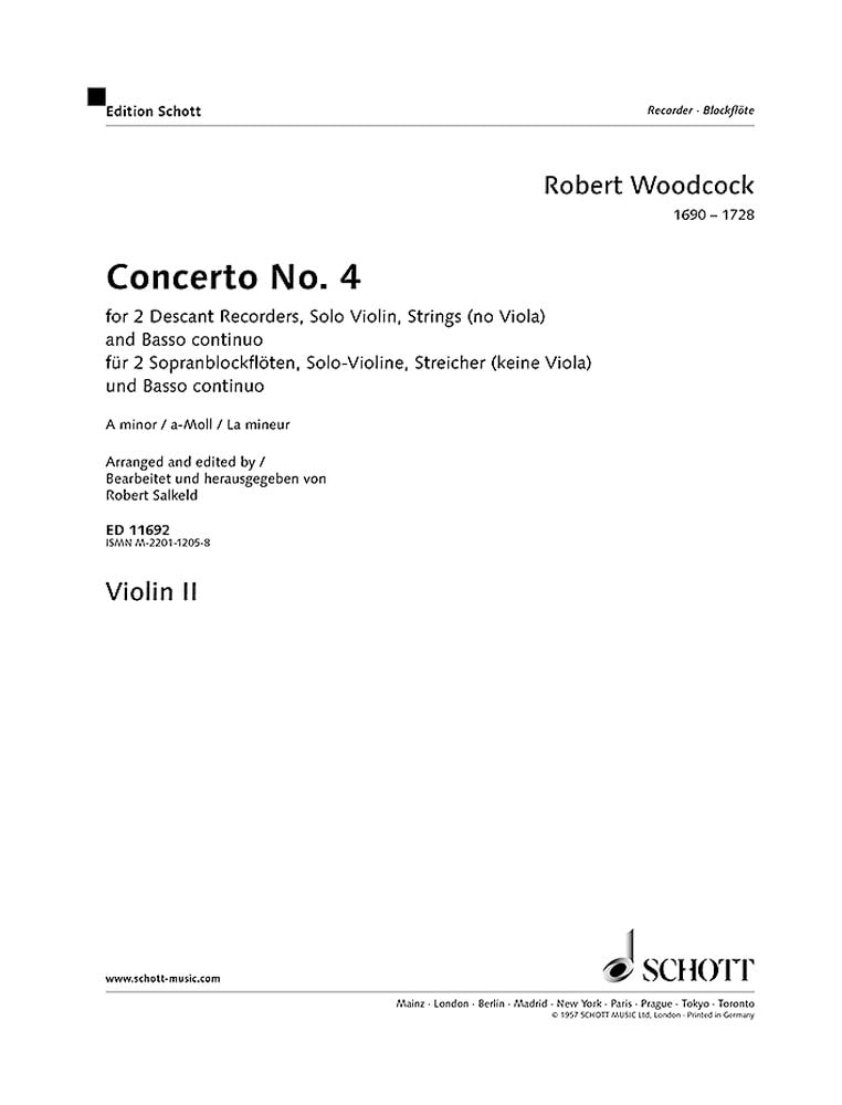 Concerto Nr. 4 a-Moll: 2 Sopran-Blockflöten, Violine und Streicher. Violine II. Sheet Music