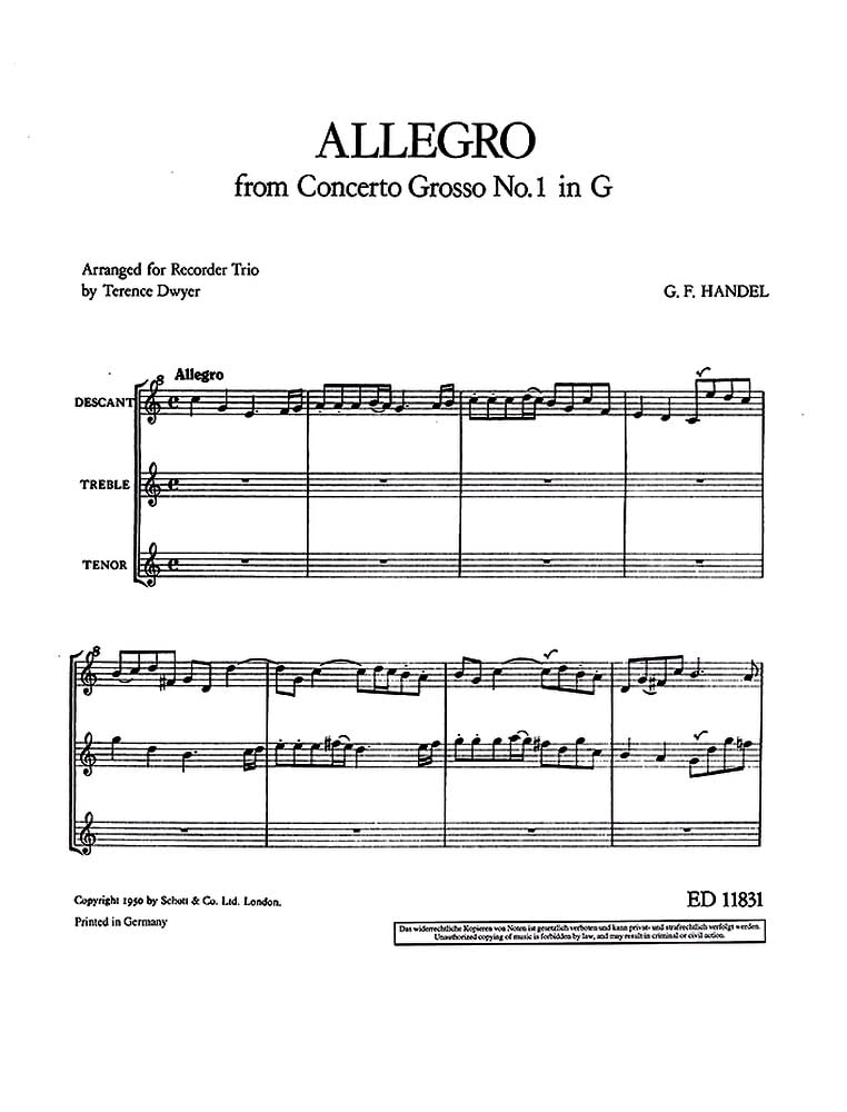 Allegro: from Concerto Grosso No. 1 in G. op. 6/1. 3 recorders (SAT). Partition d'exécution. book