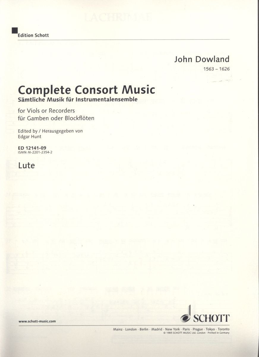 Sämtliche Musik für Instrumentalensemble: Werke für Gamben oder Blockflöten. 5 Streicher oder 5 Blockflöten (SATTB) und Basso continuo (Laute, Noten und Tabulatur; Cembalo, Orgel). Laute, Tabulatur. Sheet Music