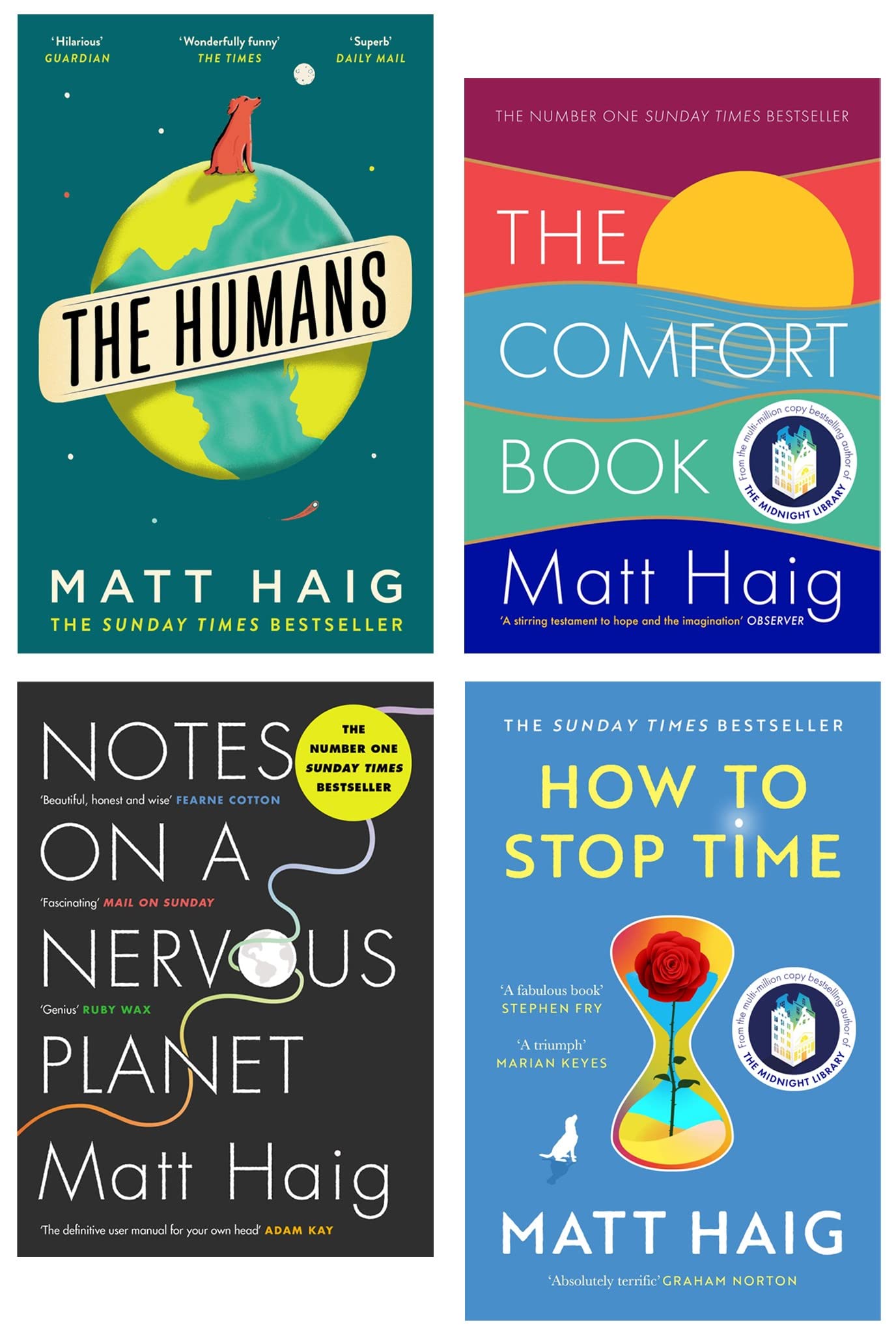Matt Haig Collection 4 Books Set (The Humans, Notes on a Nervous Planet, The Comfort Book & How to Stop Time) Children's books