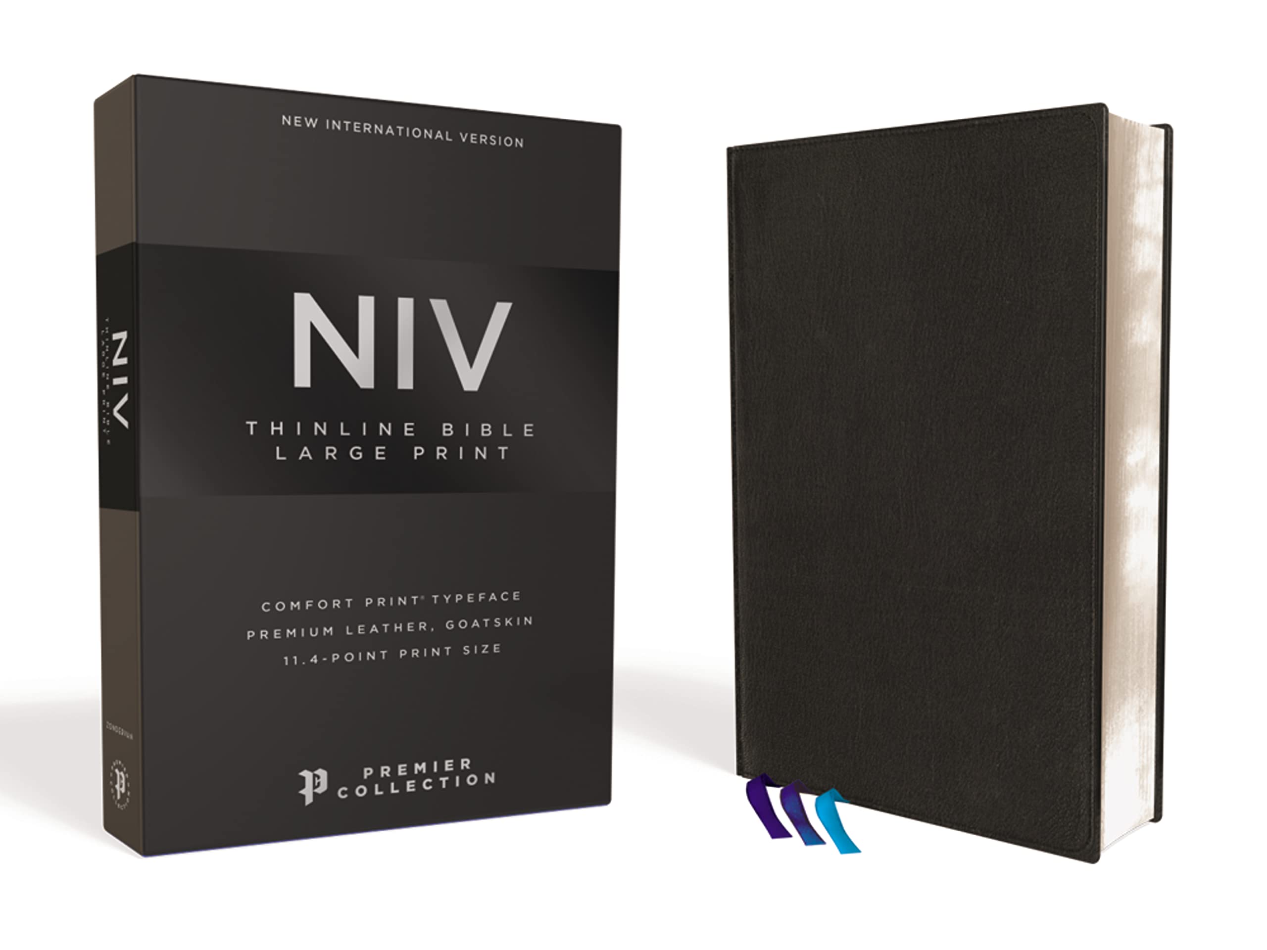 NIV, Thinline Bible, Large Print, Premium Goatskin Leather, Black, Premier Collection, Black Letter, Art Gilded Edges, Comfort Print Film, Art & Culture