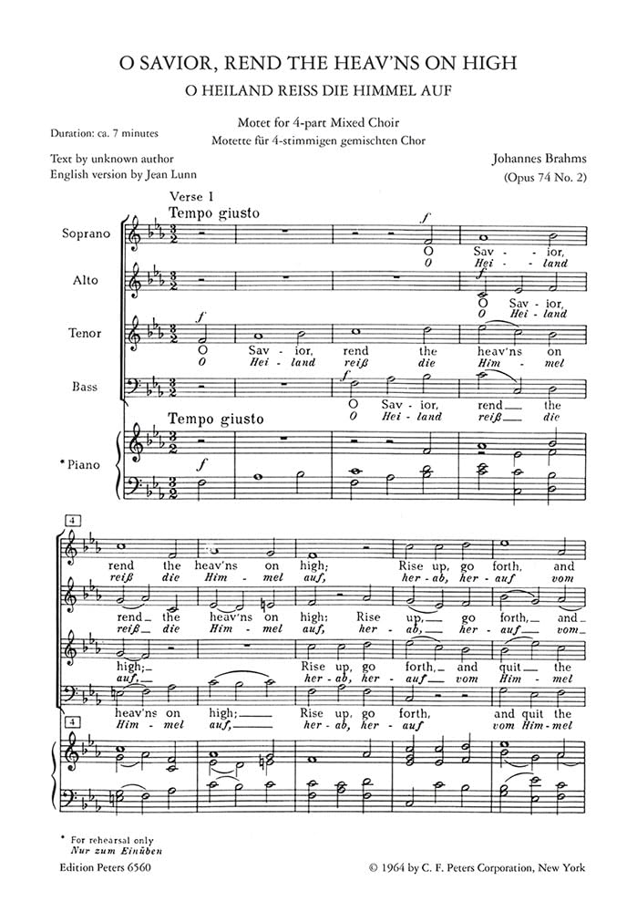 O Heiland, Reiss Die Himmel Auf, Op. 74 No. 2: Choral Octavo (Edition Peters) Arts & Music