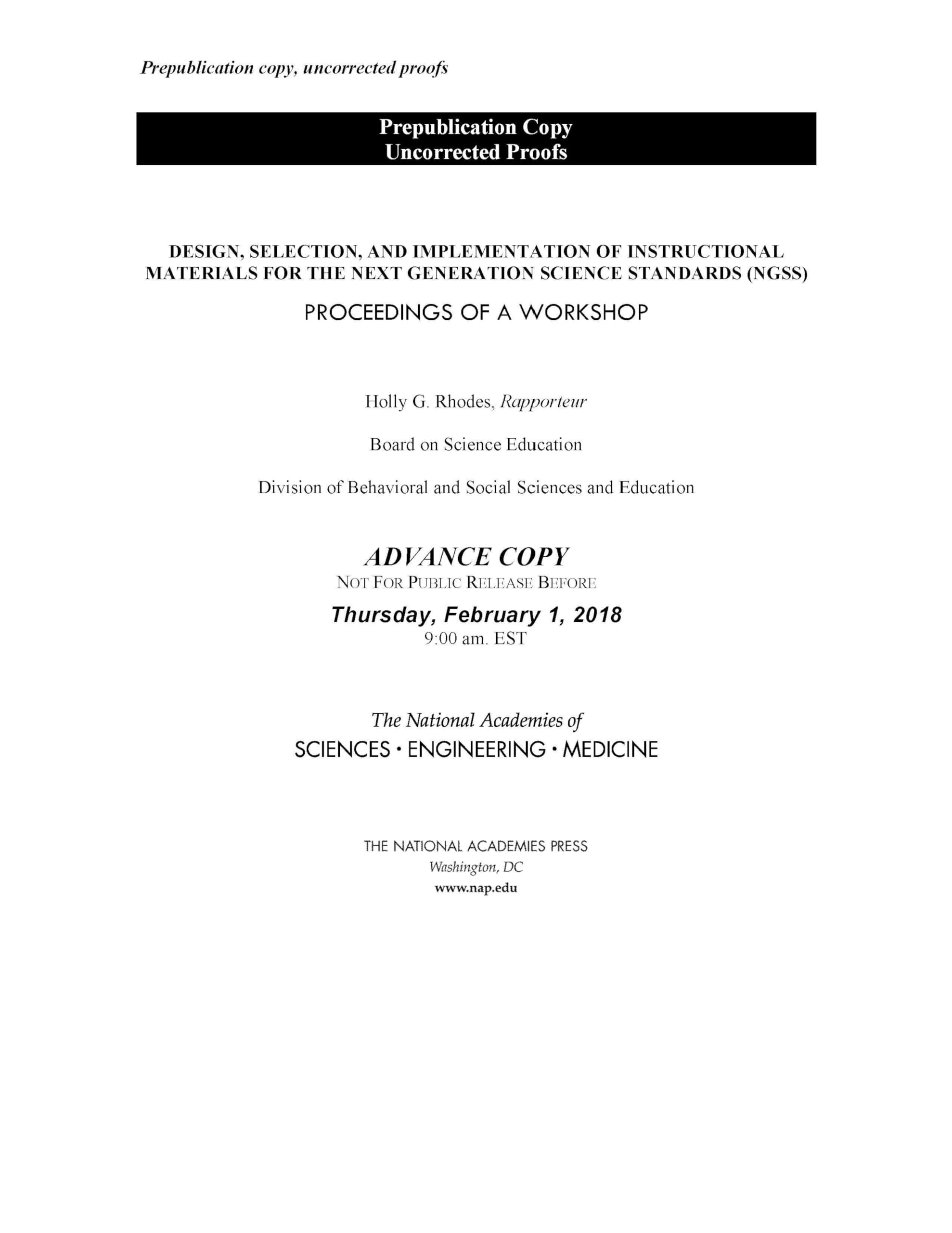 Design, Selection, and Implementation of Instructional Materials for the Next Generation Science Standards: Proceedings of a Workshop Education & Training