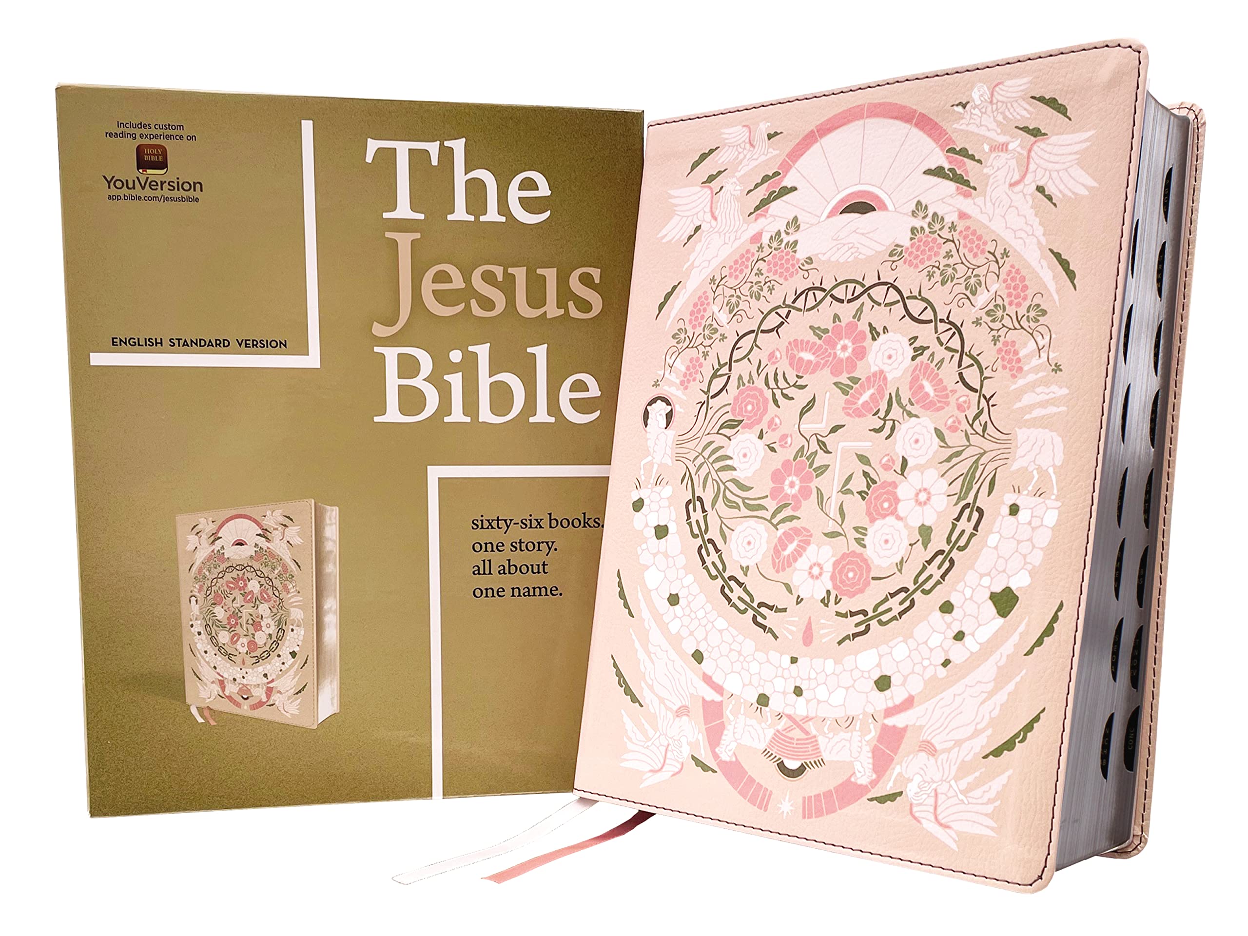 The Jesus Bible Artist Edition, ESV, (With Thumb Tabs to Help Locate the Books of the Bible), Leathersoft, Peach Floral, Thumb Indexed Learning & Reference