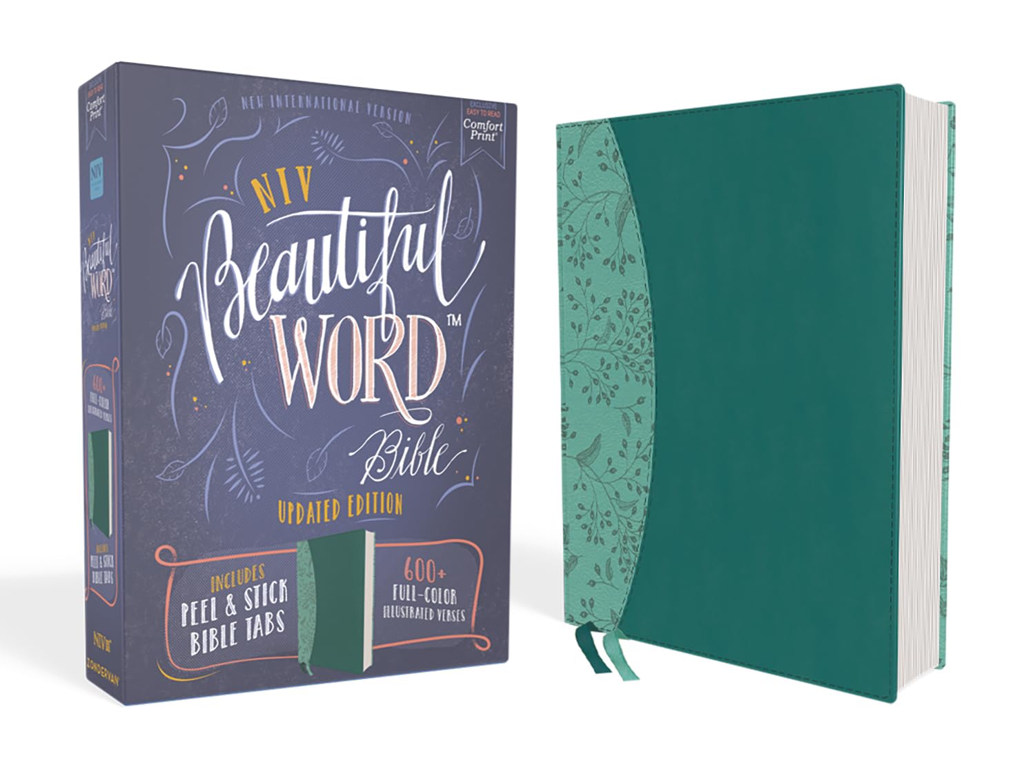 NIV, Beautiful Word Bible, Updated Edition, Peel/Stick Bible Tabs, Leathersoft, Teal, Red Letter, Comfort Print: 600+ Full-Color Illustrated Verses Lifestyle