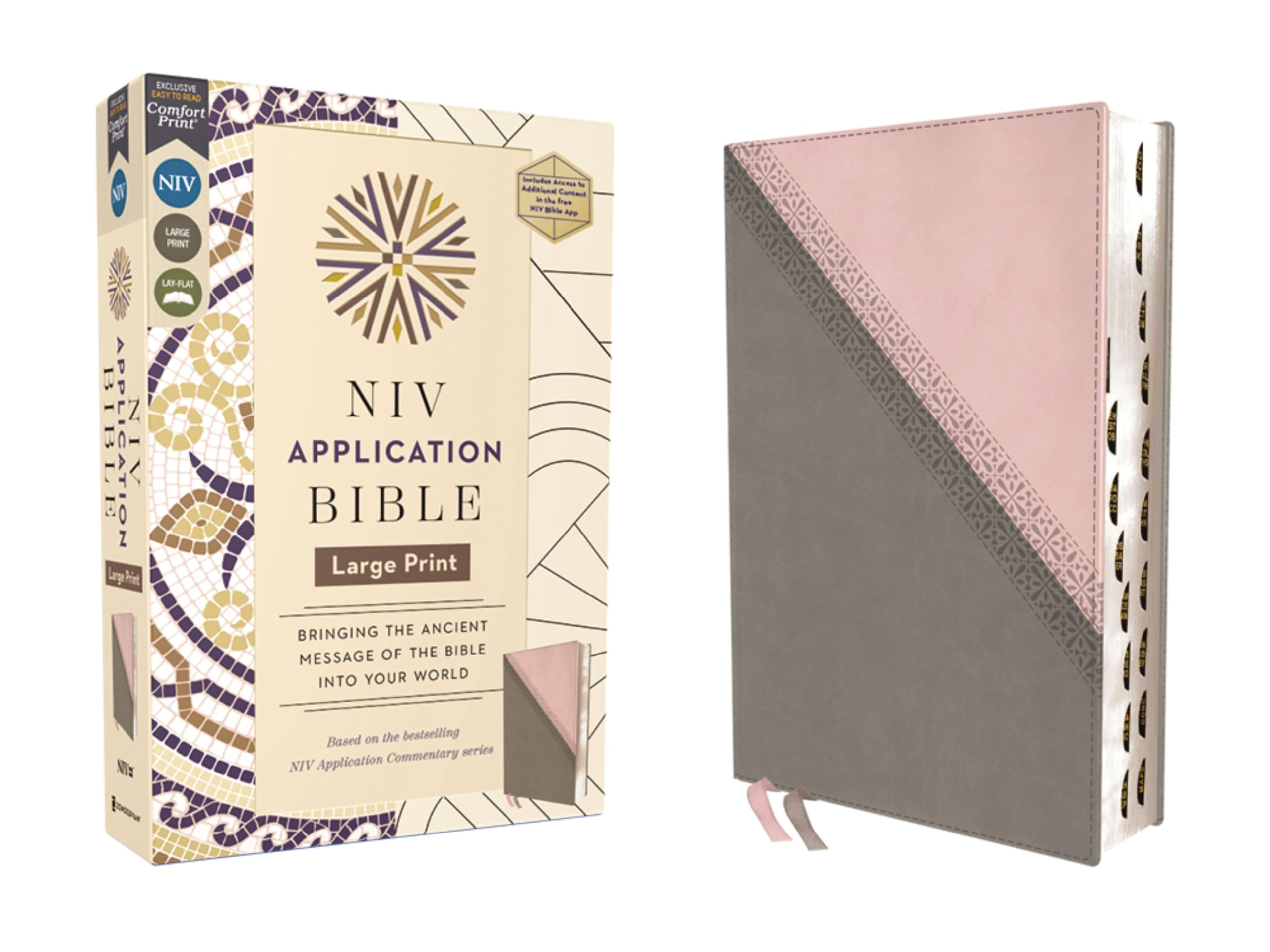NIV Application Bible, Large Print, Leathersoft, Pink/Gray, Red Letter, Thumb Indexed, Comfort Print: Bringing the Ancient Message of the Bible into Your World (NIV Application Commentary Resources) Religion & Esotericism