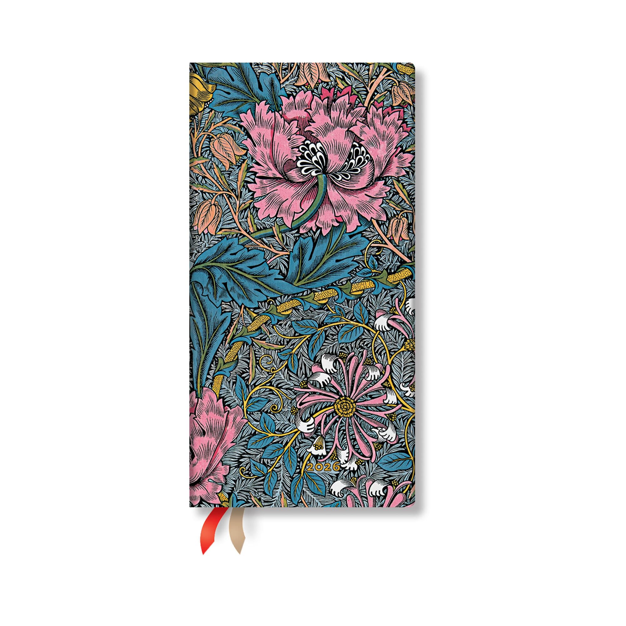 Paperblanks | 2026 Morris Pink Honeysuckle | William Morris | 12-Month Planner | Slim | Horizontal | Elastic Band | 160 Pg | 100 GSM Mathematics