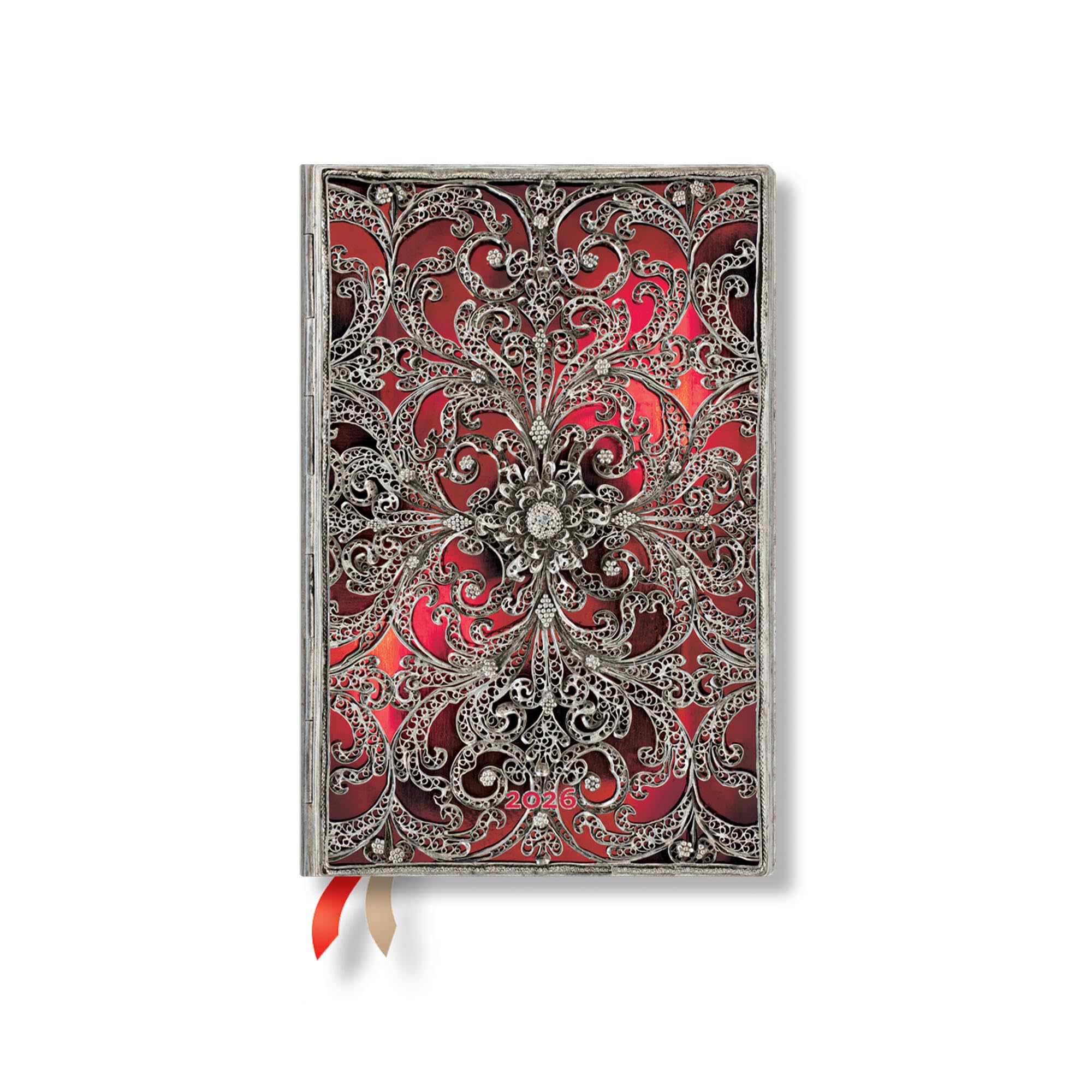 Paperblanks | 2026 Garnet | Silver Filigree Collection | 12-Month Planner Flexis | Mini | Vertical | Elastic Band | 176 Pg | 100 GSM Film, Art & Culture